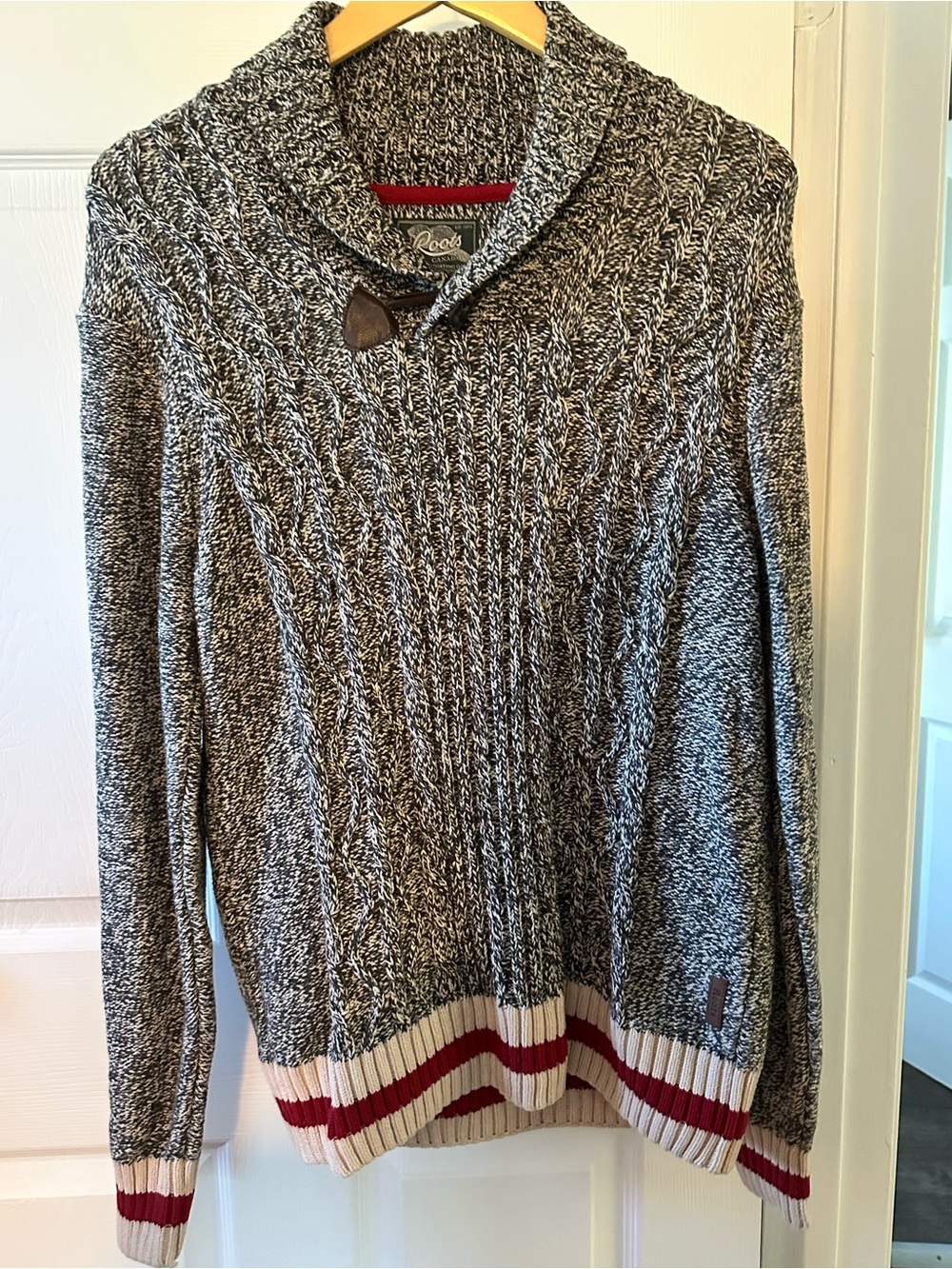 Roots Marled Shawl Collar Sweater in Black, White & Red Trim